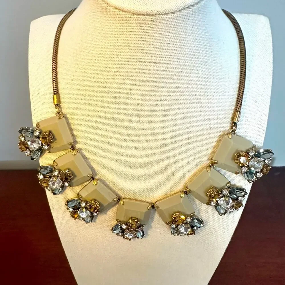 J Crew Necklace Statement Brass Square Stones Gray Neutral Earth tone CZ Chunky